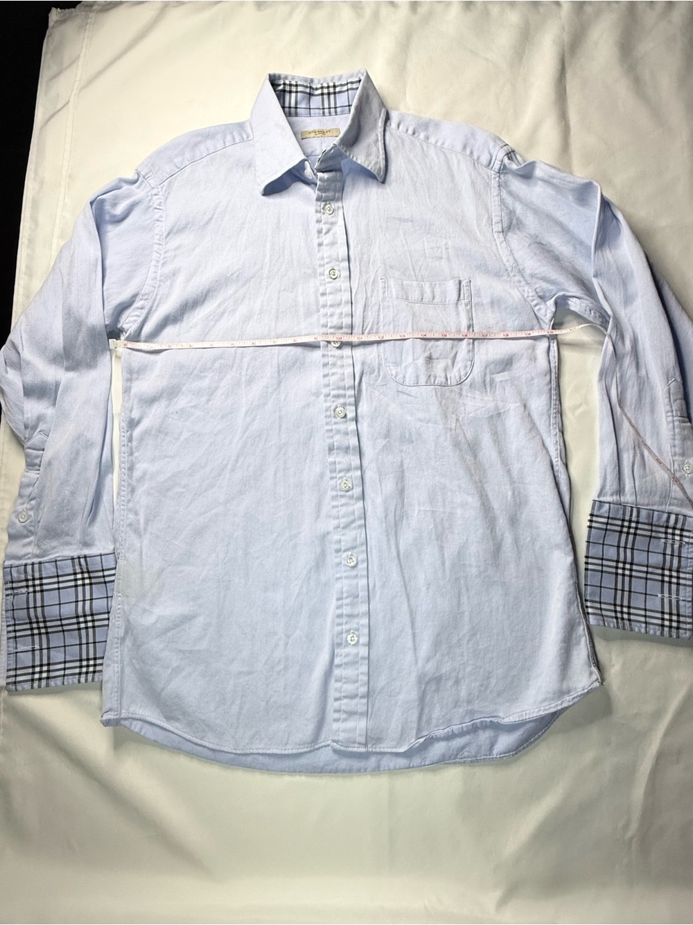 Burberry Light Blue Cotton Dress Shirt with Plaid Contrast Cuffs